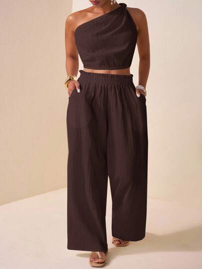 Slaydiva Plus Size 2025 Summer New Music Festival, Easter, Mother's Day, Western, Boho Style Casual Top And Wide Leg Loose Pants Set For Birthday, Graduation, Daily Wear, Basic, Leisure, Vacation, Cruise, Beach, Sunny, Viral, Elegant, Commuting, Business Casual, Spaghetti Strap, Twist Knot, Cold Shoulder, Back Cut Out, Ruffled Hem, Pockets, Textured Fabric, White, Women 2-Piece Set Brown Two Piece Set Women Two Piece Pants Set Women Summer Two Piece Set Women Linen Two Piece Set Brown One Shoulder Two Pi