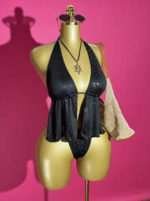 Slaydiva 2025春夏新款波西米亚音乐节休闲日常个性街头嘻哈派对性感甜美可爱千禧Y2K黑色无弹力露背镂空抽绳露背不对称波点亮片热转印背心搭配紧身迷你三角短裤泳衣套装 - 黑色 - 查看 5