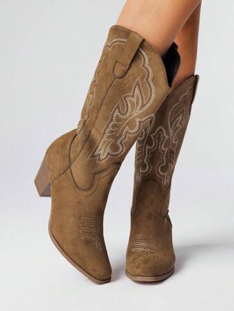 Fairycore Women's Cowboy Boots, Brown Outdoor Casual Fashion Slip-On Embroidered Western Mid-Calf Boots, Spring/Autumn New Arrival