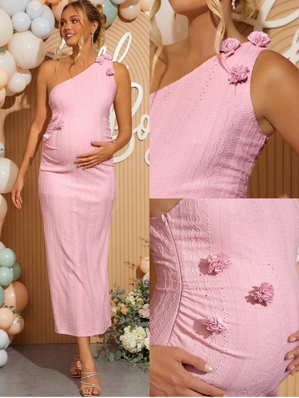 Loomaby Maternity Simple Elegant Solid Color 3D Flower Pleated One-Shoulder Dress Women Dresses Elegant Gown Women Casual Dress Work Summer Dresses Women Short Dresses Summer Maternity Dress Baby Shower Gender Reveal Dress Maternity Dress Baby Shower Dress