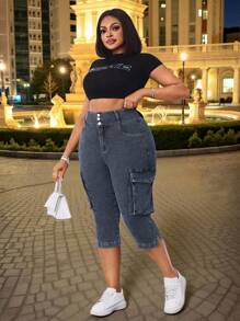 Maweii Plus Size Women Summer Cowgirl Outfit Elastic Blue & Black Cargo Capri Skinny Jeans With Pocket & Slit Summer Outfits For Women Festival Outfits  Cargo Jeans For Women