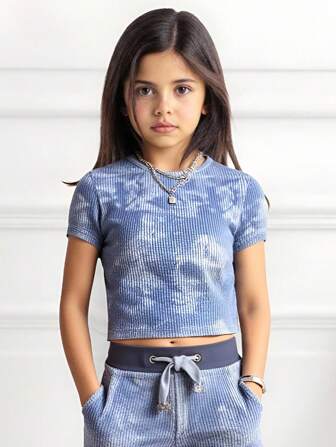 青少年女孩合身休闲简约扎染图案短款短袖T恤