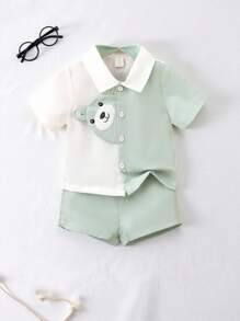 SHEIN 2pcs/Set Summer Casual Cute 3d Bear Printed Shirt And Shorts Outfits For Baby Boys