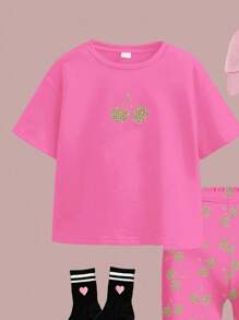 SHEIN 2 件套青少年女孩休闲宽松短袖 T 恤和紧身裤，适合夏季 - 彩色 - 查看 4