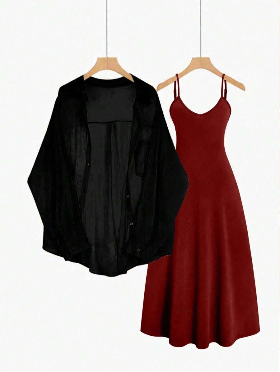 SHEIN LUNE 2件套大码休闲雪纺夹克衬衫和针织吊带裙 - 酒紅色 - 查看 1