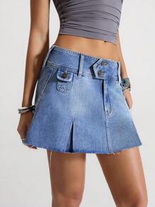 SHEIN ICON Women's Frayed Waist Pleated Casual High Street Denim Mini Skirt - Medium Wash - View 4