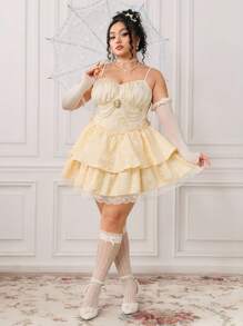 ROMWE EDITION Vestido elegante sin mangas con aplicaciones de encaje para talla grande, de verano - Albaricoque - Ver 1