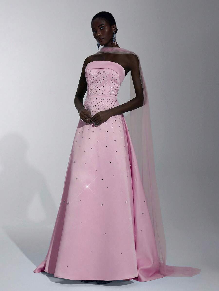 Elitara 优雅奢华的浅蓝色缎面手工水钻装饰露肩礼服，搭配飘逸的舞会礼服裙，适合约会、单身派对、庆典、正式活动、舞会、宴会 - 粉色 - 查看 1