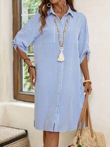 EMERY ROSE 大码条纹印花前扣休闲百搭连衣裙 - 藍白色 - 查看 2