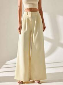 CLARA VERO Pantalón de traje elegante de pierna ancha y plisado en color amarillo mantequilla para mujer