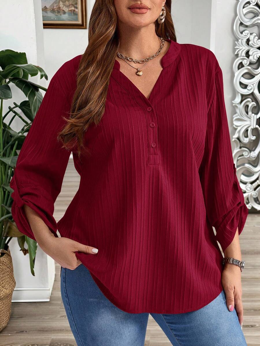 EMERY ROSE 加大码纯色缺口领卷袖休闲衬衫，冬季服装