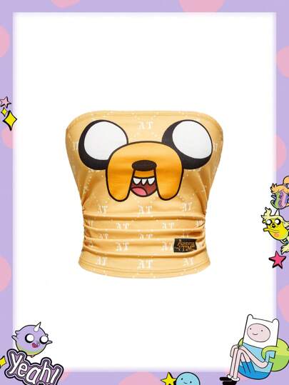 Adventure Time X ROMWE Y2K Cute Funny Childish Cartoon Letter Pattern Ruffled Women's Tube Top
