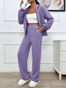 EURMUSE TWO PIECES TWO THREAD LIGHT GREY HOODIE SWEATSHIRT AND SWEATPANT WITH SPARKLE STONE DETAIL - Lilac Purple - View 4