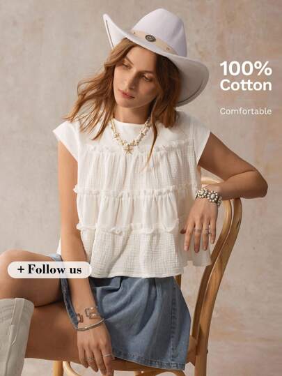 Wildy BOHO American Country Style Loose White Short Sleeve Office Casual Shirt Western Wear Women Bohemia Boho Women's Clothing Babydoll Top White Outfits For Women White Top