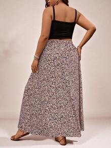 SHEIN VCAY Plus Size Summer Fashion All-Over Print Slit A-Line Skirt