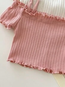 3入組嬰兒女孩休閒簡約可愛針織實色露肩短袖上衣套裝 - 彩色 - 查看 5