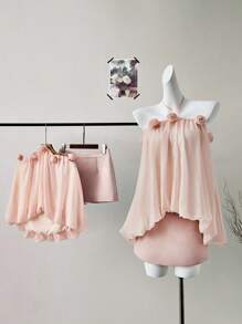 Glamine Women 2-Piece Set: Scoop Neck Rose Decor Top & Mini Pencil Skirt, Pink - Baby Pink - View 1
