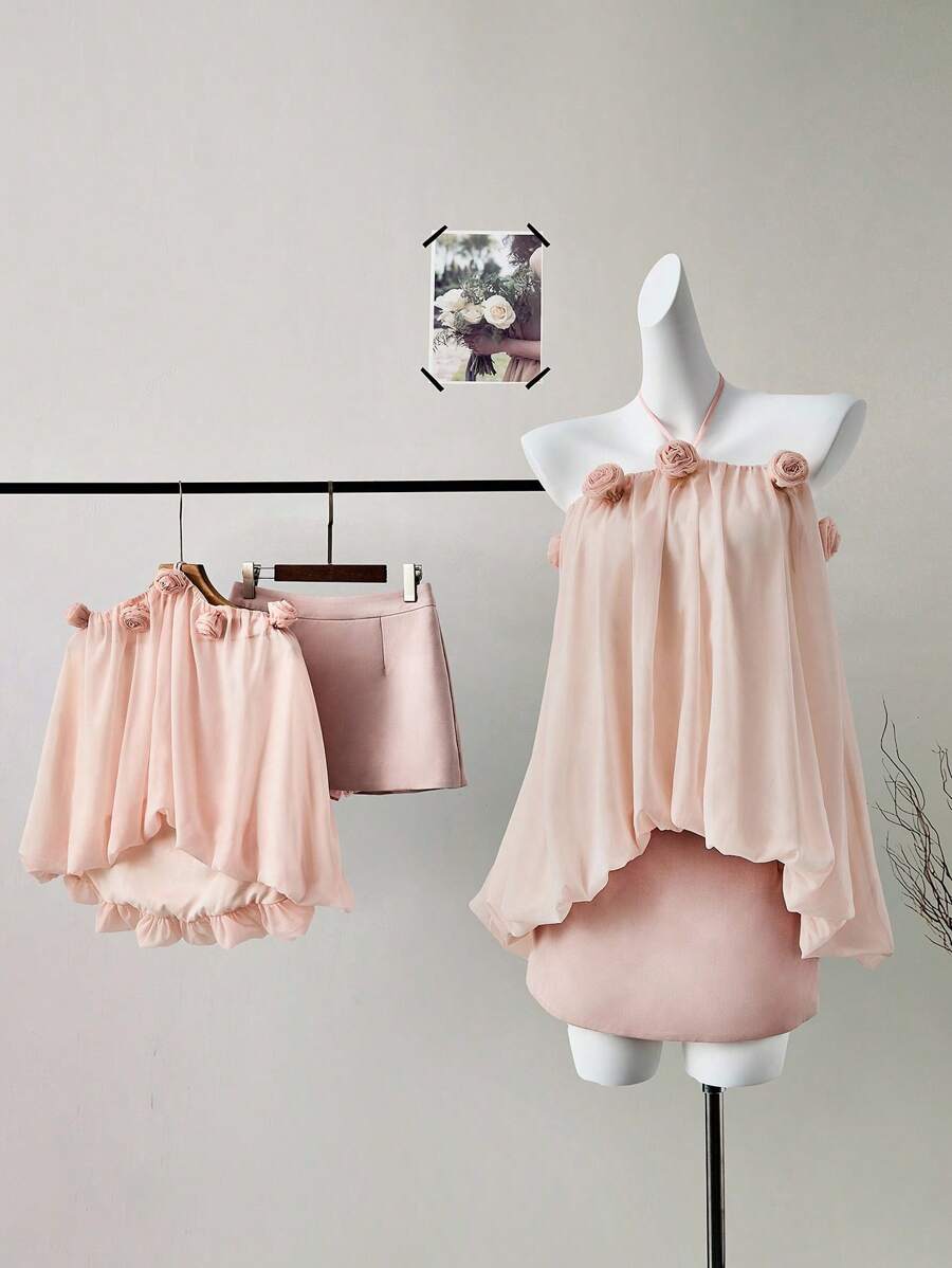 Glamine Women 2-Piece Set: Scoop Neck Rose Decor Top & Mini Pencil Skirt, Pink - Baby Pink - View 1