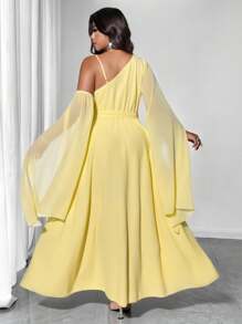 Viva Relle Vestido de gasa con mangas abullonadas, hombros asimétricos y decoración de diamantes, para invitado de boda, elegante para fiesta de noche, talla grande