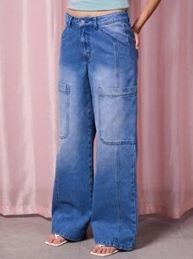 COUREZ 修身低腰牛仔裤，带口袋细节 / Y2K 夏季服装 低腰牛仔裤 外出穿搭 街头服饰 - 中等水洗藍 - 查看 5