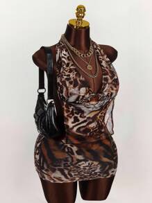 Amplova Vestido ajustado con inserción de malla con estampado de tigre, cuello drapeado, de múltiples formas de usar, talla grande, con lazo en la espalda - Multicolor - Ver 4