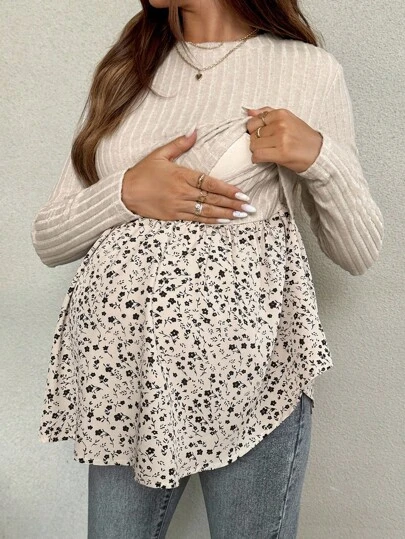 SHEIN 休闲碎花拼接印花孕妇哺乳多功能长袖上衣，适合外出穿着，米色，秋季米色孕妇衬衫，孕妇碎花上衣