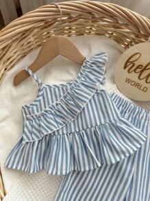 Conjunto De Top Y Pantalón De Peplum Con Cuello Asimétrico De Volante A Rayas Para Bebé Niña