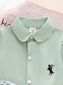 2pcs/Set Young Girl Striped Embroidery Short Sleeve Dress,Sage Green,Summer,Elegant,Princess,7th Birthday,Career Day,Back-To-School Gingham Collared - Green - View 5