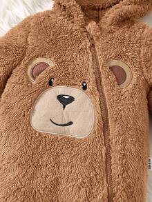 新生男婴可爱熊刺绣耳朵连帽衫长袖柔软羊毛连脚连体衣，秋冬 - 棕色 - 查看 4
