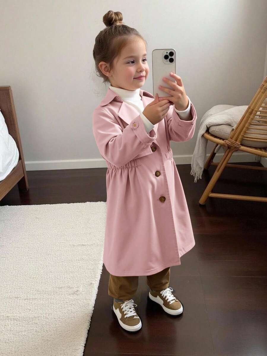 SHEIN Áo gió dài rộng cổ tròn màu trơn cho bé gái - Màu Hồng  San hô - Xem 1