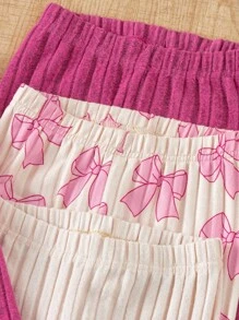 Genkimix Kids 3pcs/Set Toddler Girls Fluffy Striped Ribbed Crew Neck Top With Arc Hem, Pants And Rose Red Solid Color Bow Pattern Casual Fashion Outfit - Multicolor - View 6