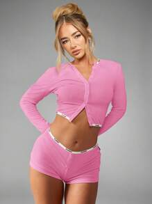 Missguided x Playboy Christmas Ribbed Knit Crop Top And Boy Shorts Pajama Set - Pink - View 4