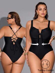 Shapewave 加大码纯色连体泳衣，适合度假和海滩 - 黑色 - 查看 1