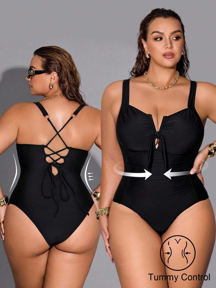 Shapewave 加大码纯色连体泳衣，适合度假和海滩 - 黑色 - 查看 1