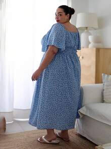 Pretty and Ole Robe d'été boho pour femme avec col carré boutonné, imprimé floral délicat, grande taille - Bleu azur - Voir 2