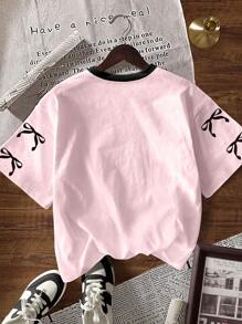 INAWLY 女士字母与蝴蝶结印花圆领短袖T恤，夏季 - 彩色 - 查看 2