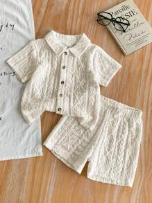SHEIN Vintaside Kids Conjunto de ropa para bebé niño de 0 a 1 año, Camisa de manga corta y pantalón corto color albaricoque, Tela texturizada adecuada para que los bebés usen afuera en verano
