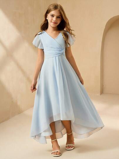 Girls' Elegant V-Neck Sleeveless High Waist Long Asymmetrical Hem Chiffon Blue Dress Fall Winter
