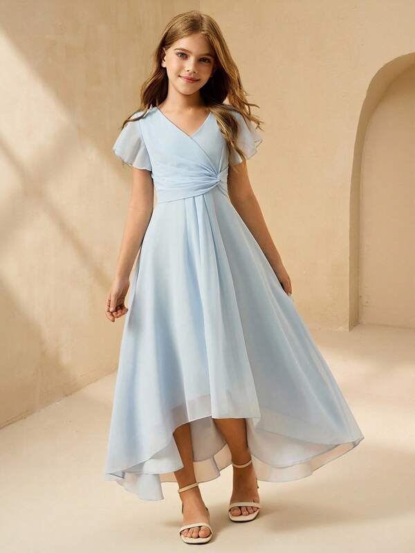 Robe bleue en mousseline de soie élégante pour filles avec col en V sans manches, taille haute et ourlet asymétrique long