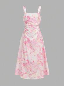 Tween Girl Floral Print Waist Cinched Cami Dress, Elegant Summer - Pink - View 6