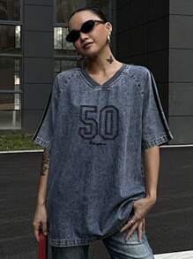 Livesso Women's V-Neck Short Sleeve Embroidered Denim Blouse, Summer - Blue - View 3