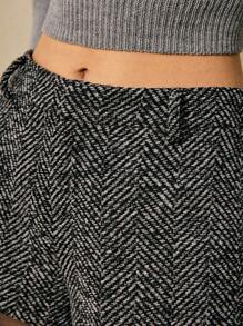 Poéselle 高腰羊毛混纺粗花呢短裤 – 冬季人字纹保暖休闲女式短裤，粗花呢短裤，高腰短裤，冬季短裤，纹理短裤