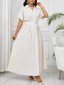 SHEIN Lady Women's Short Sleeve Casual Dress For Vacation Summer Dresses White Maxi Dress Women Elegant White Dress White Pleated Maxi Dress White Collared Maxi Dress Vacation Outfits Women Boho/Bohemia/Boho Women Clothing African Woman Clothing Country Outfits Women Teacher Outfits For Women Business Casual