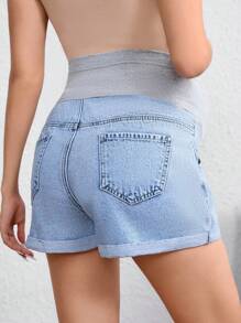 SHEIN Maternity Patchwork High Waist Pockets Casual Versatile Denim Shorts - Light Wash - View 2