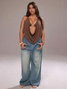 Rustia 女士 Y2K 风格低胸紧身胸衣上衣、露背细肩带短款上衣外套 - 咖啡棕 - 查看 3