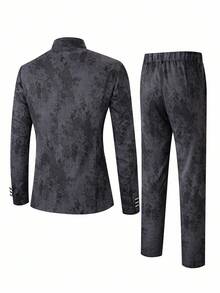 Manfinity Mode 男士纯色长袖外套和裤子休闲西装套装男士西装套装男士西装套装男士灰色西装套装男士正装西装套装 - 深灰色 - 查看 2