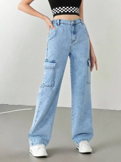 Teen Girls Flap Pocket Side Cargo Jeans