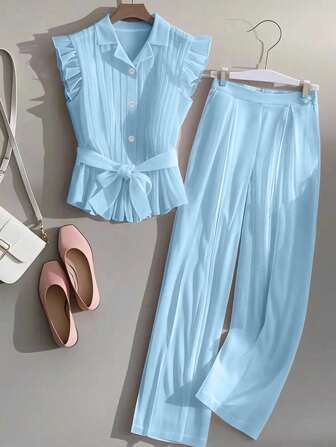 Franclia 2 Stücke/Set elegantes Lässig Urlaubsoutfit für Damen in Rosa mit Kurzärmeln, Frühling/Sommer