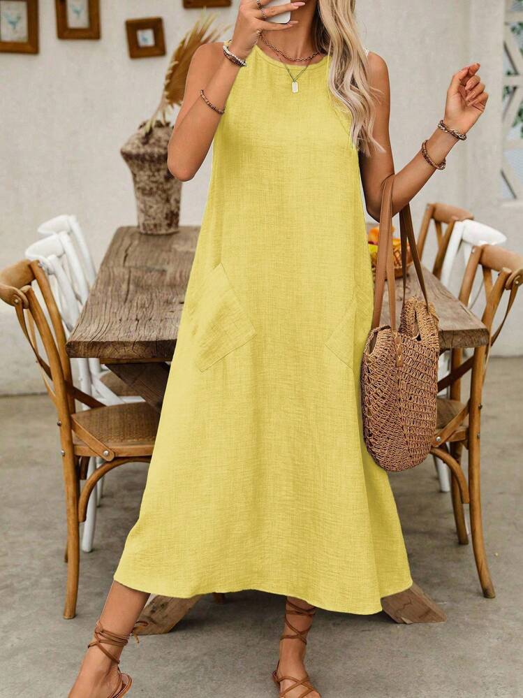 Breezaya Vestido casual de verano para mujer de unicolor, cuello redondo, sin mangas, con bolsillos - Amarillo - Añade 3