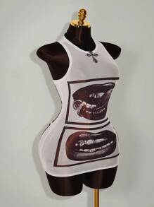 Amplova 大码面部特征和唇印透明紧身迷你连衣裙 - 彩色 - 查看 4